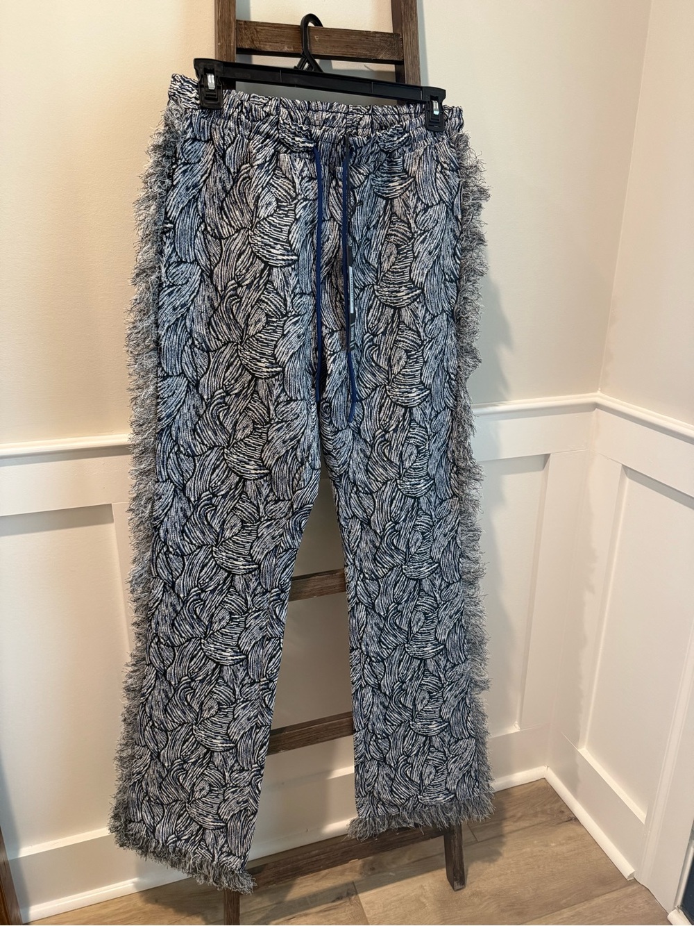 Rockstar Original Tapestry Fringed Flare Pants Blue/White Size Large NWT